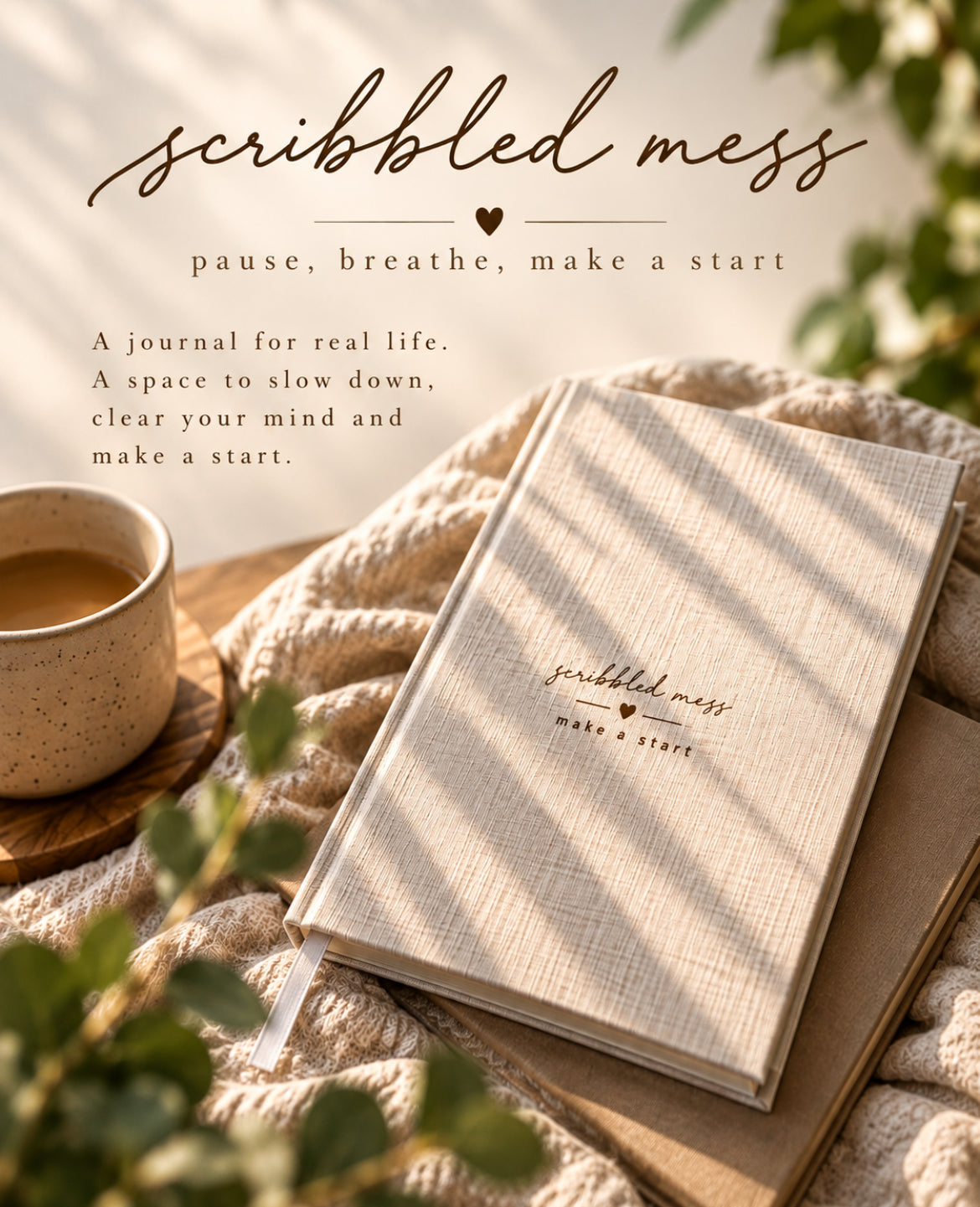 Scribbled Mess oat linen journal beside a cup of coffee